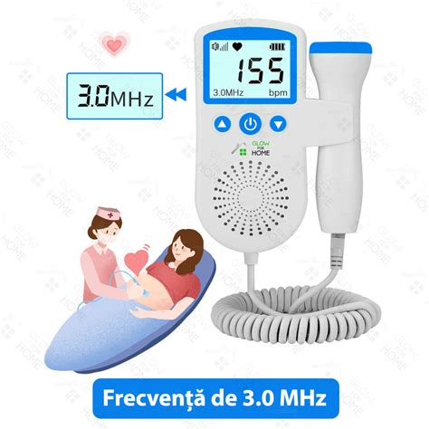 Imagine cu un monitor fetal Doppler portabil, alb/roz, cu ecran LCD