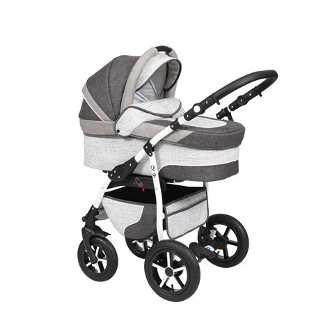 Colaj foto cu accesoriile incluse in setul caruciorului Baby Merc Q9: landou, parte sport, scoica, geanta de scutece, folie de ploaie, plasa de tantari