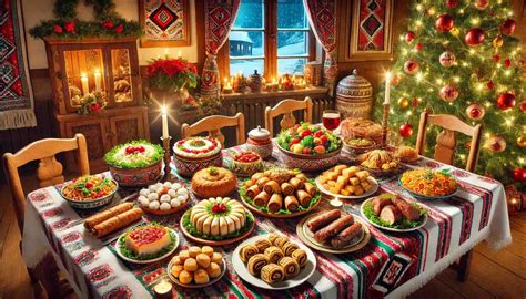 Ilustrație cu diverse dulciuri tradiționale românești prezentate pe o masă festivă.