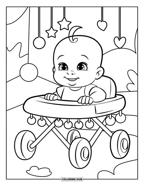 Ilustrație cu un bebeluș fericit pe un caluț de balans din lemn și pluș.