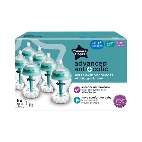Ilustrație schematică a biberonului Tommee Tippee Advanced Anti-Colic, evidențiind componentele cheie, inclusiv sistemul anti-colici și tetina.