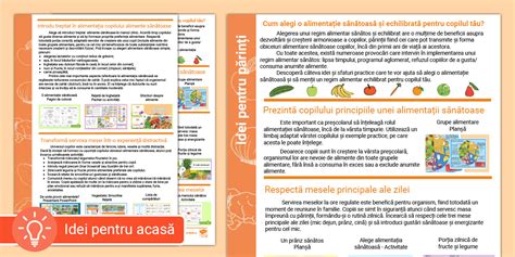 Infografic cu sfaturi pentru o alimentație sănătoasă a copiilor, incluzând fructe, legume și proteine.