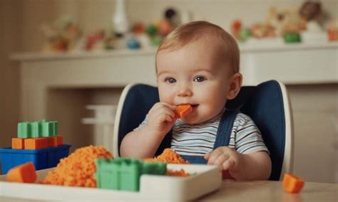 ilustrație cu un bebeluș de 8 luni care explorează diverse texturi de mâncare