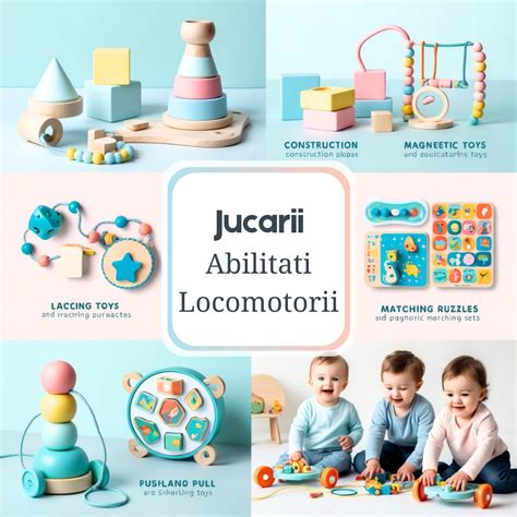 Ilustrație cu diverse jucării care ajută la dezvoltarea mersului la bebeluși (premergătoare, jucării de împins).