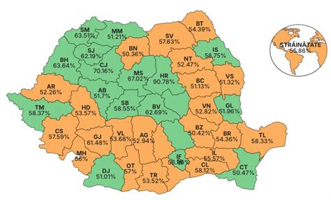 Hartă a României cu evidențierea județelor cu cele mai multe cazuri de abandon în maternități.