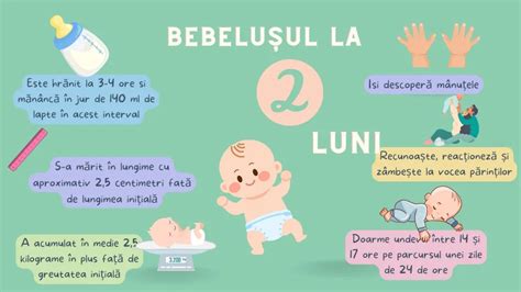 Infografic cu principalele repere de dezvoltare ale bebelușului la 2 luni.