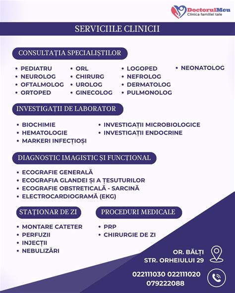Infografic cu principalele servicii oferite de Clinica Materna Craiova (consultații, investigații avansate, monitorizare sarcină)