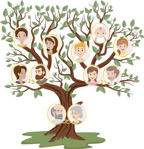 Ilustrație a unui arbore genealogic, simbolizând familia și legăturile dintre generații.