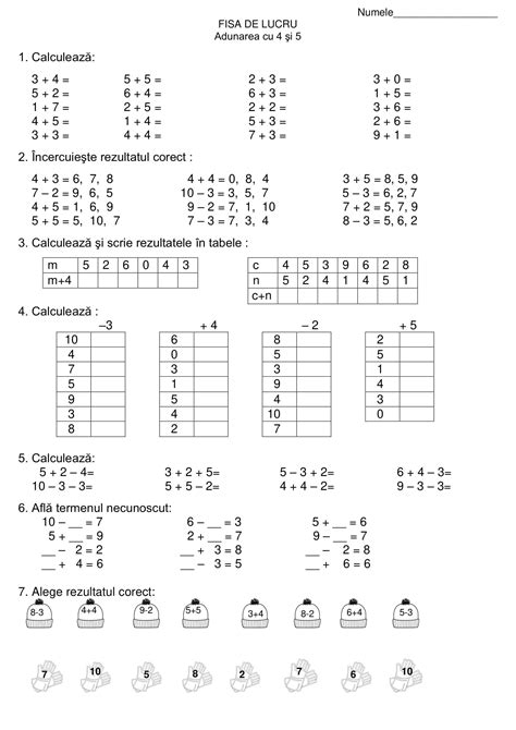 Exemplu de fișă de lucru cu exerciții de adunare și scădere cu trecere peste ordin.