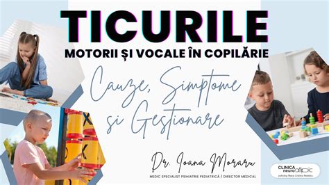 Ilustrație cu diverse ticuri motorii faciale și corporale.