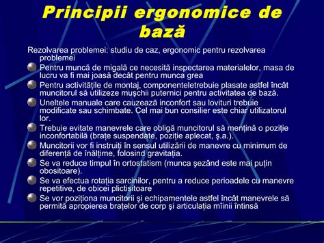 schemă cu principii ergonomice pentru organizarea locului de muncă