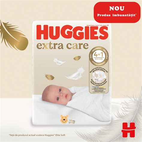 Infografic comparativ între diferitele game de scutece Huggies (Extra Care, Elite Soft etc.)