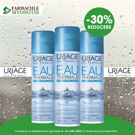 Infografic cu beneficiile principale ale apei termale Uriage pentru pielea bebelușului: hidratare, calmare, protecție, ameliorarea iritațiilor.