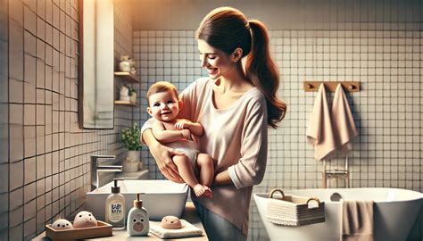 ilustrație cu un părinte făcând baie unui bebeluș vesel