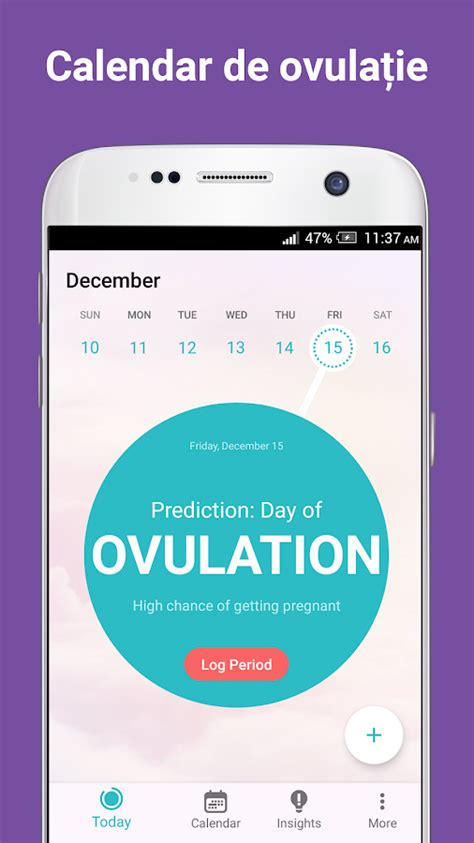 Interfața unei aplicații de calendar menstrual și fertilitate pe un smartphone