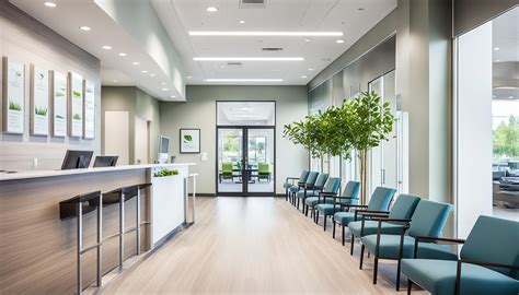 O imagine cu interiorul modern și curat al unei clinici medicale, cu un recepționer prietenos și o sală de așteptare confortabilă.