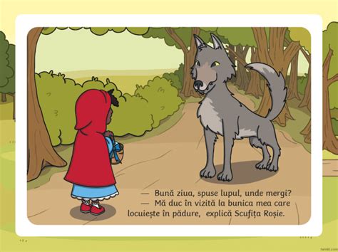 Ilustrație cu Scufița Roșie, lupul și bunica