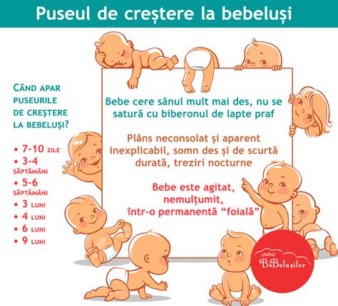 infografic cu etapele de creștere ale bebelușului pe luni