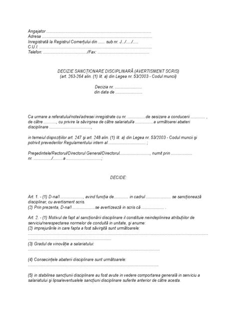 Model de formular pentru avertisment scris