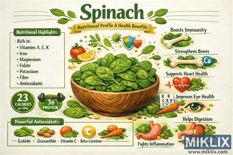 Infografic cu principalele vitamine și minerale din spanac pentru copii