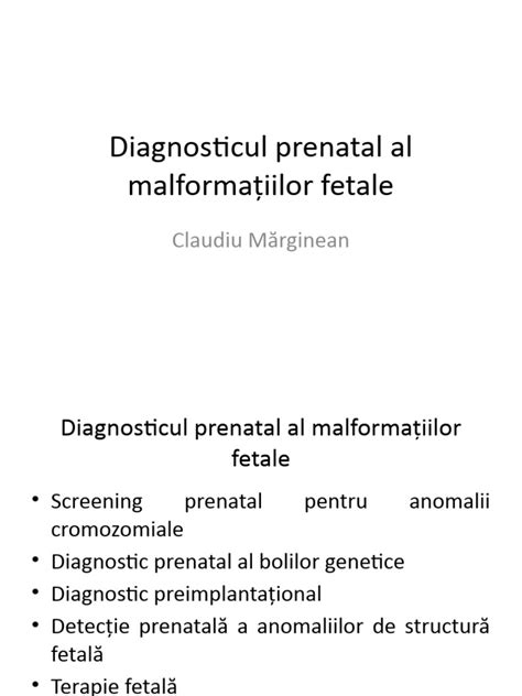 Schema procesului de diagnostic prenatal al malformațiilor fetale, incluzând ecografia, screeningul seric și amniocenteza.