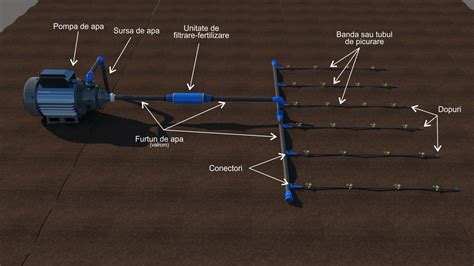 Ilustrație a sistemului de irigare prin picurare cu aplicare de fertilizanți