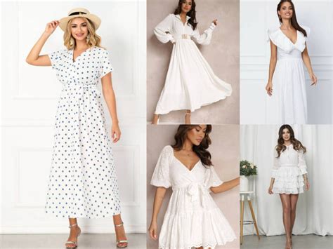 Galerie cu diverse modele de rochii albe pentru gravide: de seară, casual, de birou