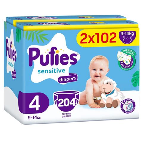 Ilustrație cu diverse mărimi de scutece Pufies Sensitive, evidențiind diferențele de dimensiune și ambalaj.