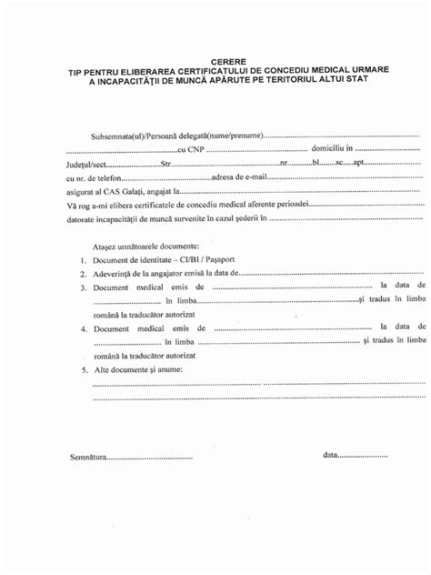 Documente medicale și formular de cerere pentru concediu medical.