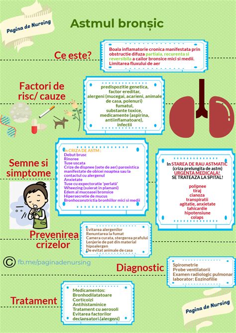 Infografic cu factorii de risc pentru astmul bronșic: genetică, alergii, fumat, poluare, infecții.