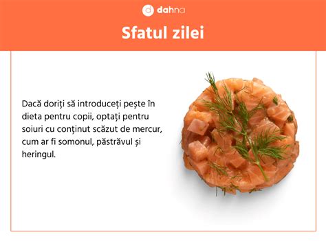 infografic cu tipuri de pește recomandate pentru copii și conținutul de mercur