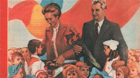 Ilustrație a familiei Ceaușescu înconjurat de copii, simbolizând politica pronatalistă.