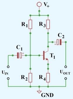 Schema circuitului amplificator cu emitor comun.