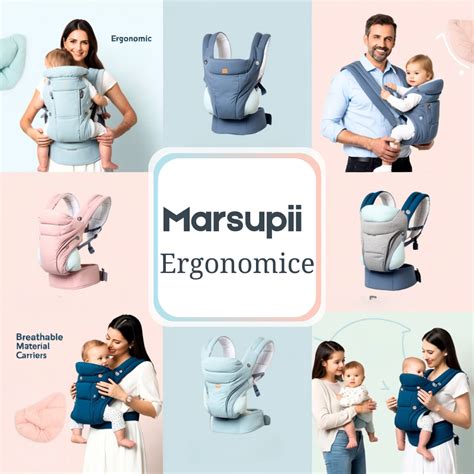 Colaj cu imagini ale diferitelor modele de marsupii ergonomice de la branduri cunoscute.