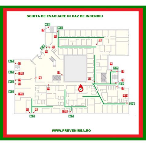 Infografic explicativ despre căile de evacuare și elementele de siguranță la incendiu conform normativelor.