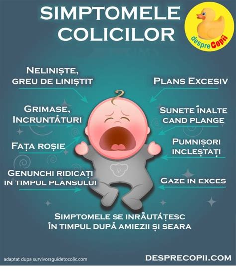 Infografic: Posibile cauze ale colicilor la bebeluși, ilustrând sistemul digestiv, alergeni comuni și factori externi.