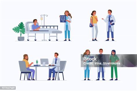 ilustrație cu medici și pacienți într-un cabinet medical modern