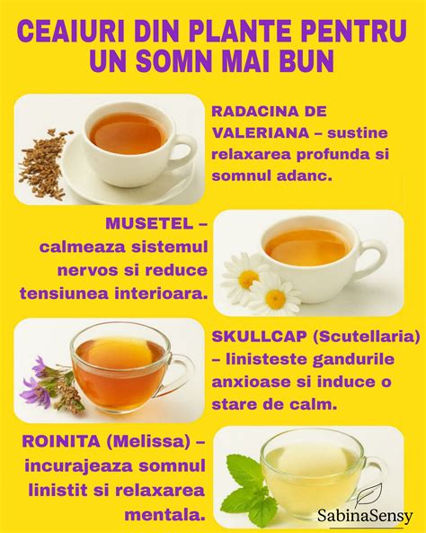 Infografic cu diverse plante folosite în ceaiurile pentru bebeluși (mușețel, fenicul, anason, chimion, roiniță) și beneficiile lor.