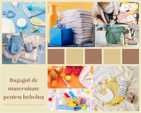 Ilustrație cu obiecte esențiale pentru bagajul de maternitate, organizate pe categorii: mamă, bebeluș, acte
