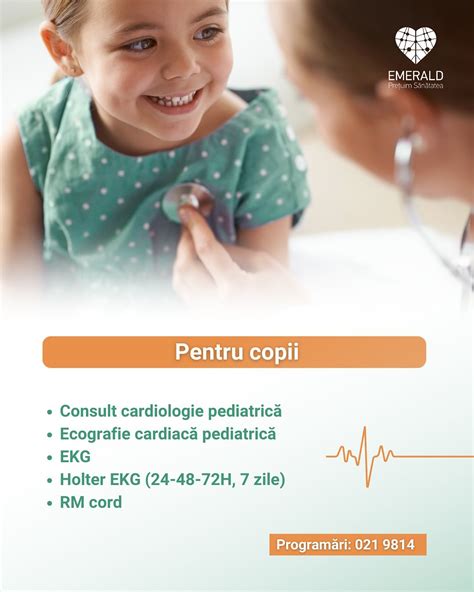Infografic cu tipuri de investigații cardiologice pentru copii: EKG, ecografie cardiacă, test de efort