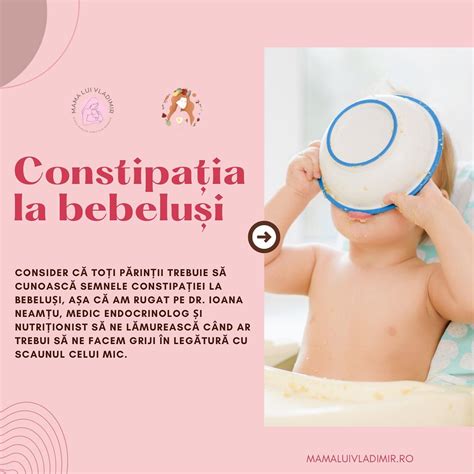 infografic cu semnele constipației la bebeluși: scaun rar, scaun tare, efort la defecație, durere abdominală