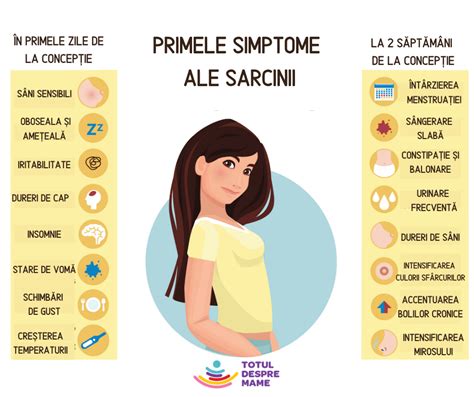 Ilustrație cu principalele simptome timpurii ale sarcinii