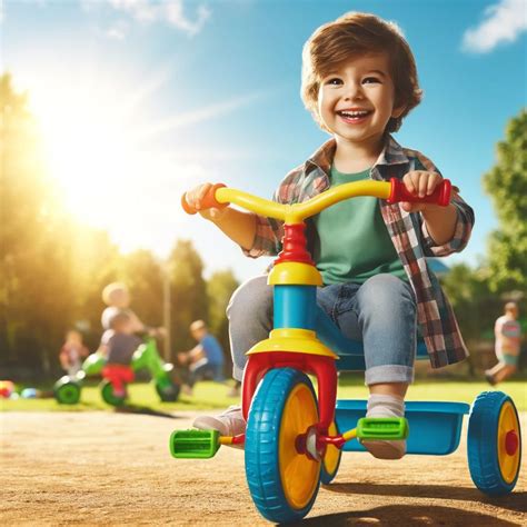 Copil vesel care se joacă pe o tricicletă fără pedale, demonstrând ușurința în utilizare.