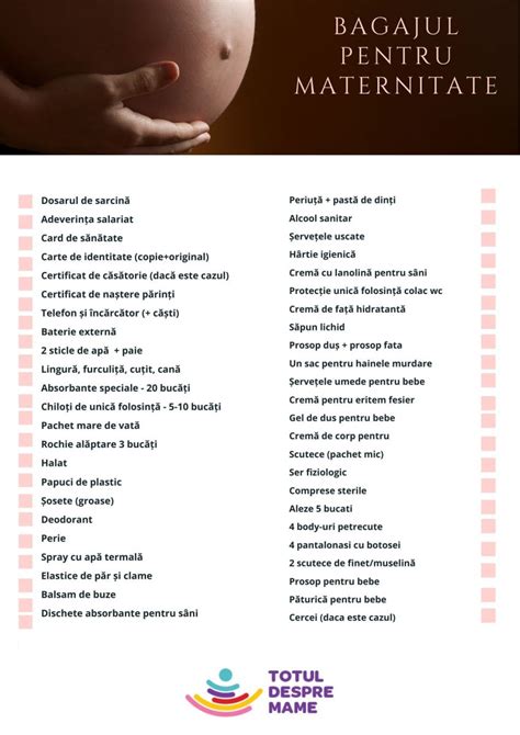 infografic cu elementele esențiale dintr-un bagaj de maternitate