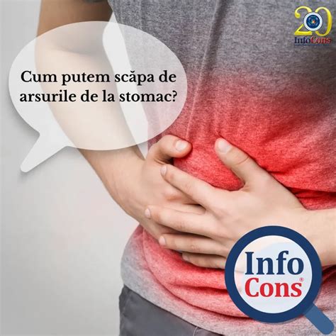 infografic cu simptomele arsurilor la stomac, inclusiv senzație de arsură, regurgitație, tuse