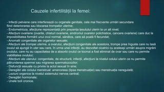 Diagramă care ilustrează cauzele comune ale infertilității la femei și bărbați.
