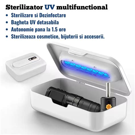 Ilustrație cu un sterilizator portabil UV pentru suzete deschis, arătând interiorul și suzeta pregătită pentru sterilizare.