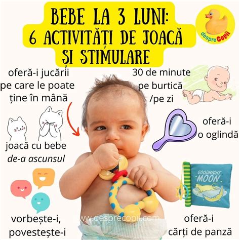 Fotografie cu un bebeluș de 4-6 luni care se joacă pe burtică, ridicând capul și trunchiul