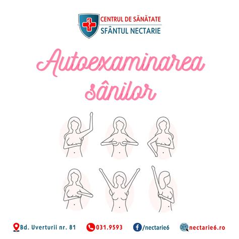 Ilustrație a tehnicilor de autoexaminare a sânilor, explicând pașii corecți.