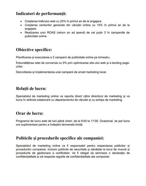 Infografic cu elemente cheie ale unei fișe de post: atribuții, responsabilități, cerințe, evaluare.